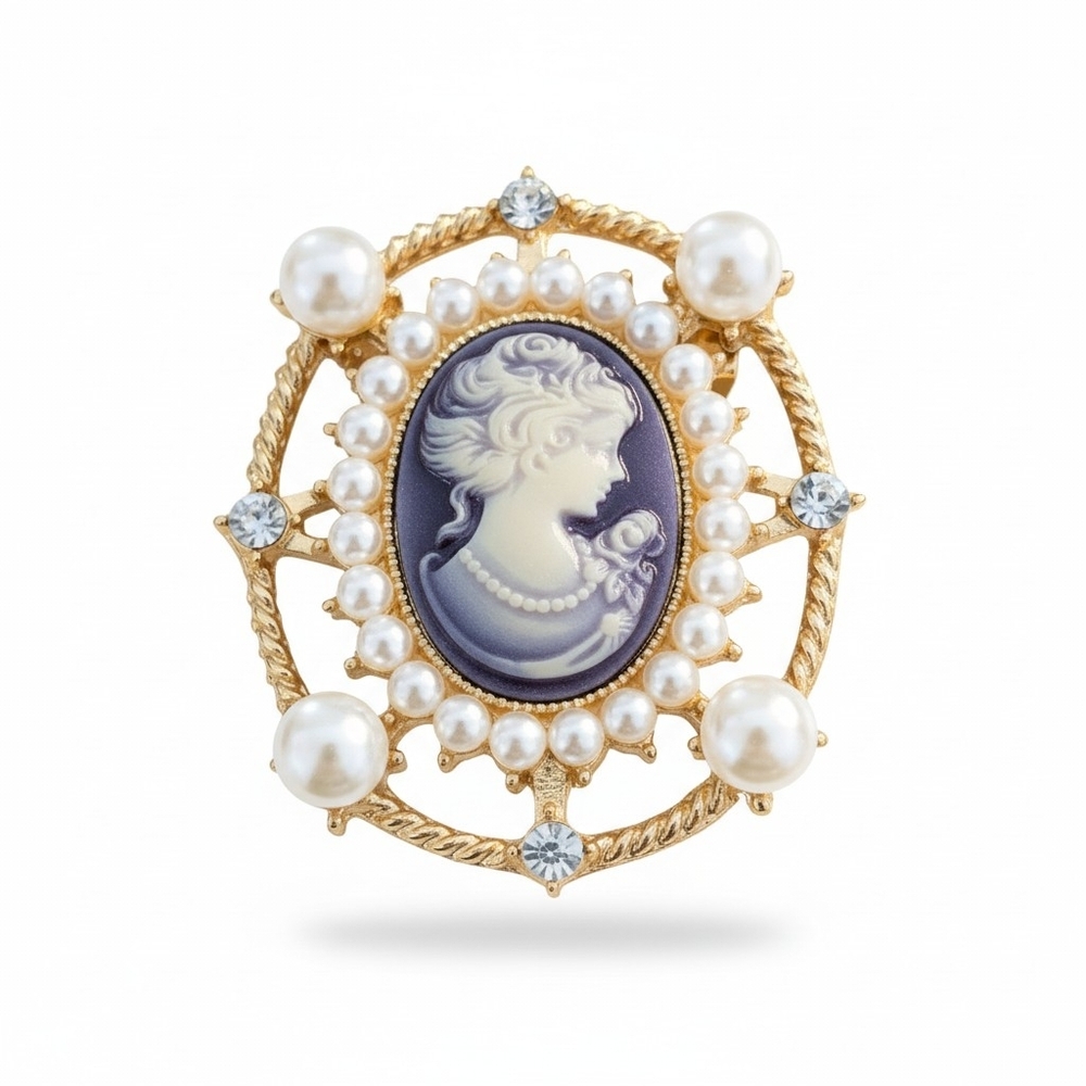 Vintage-Style Purple Cameo Pearl Brooch - Ladies Jewelry‎